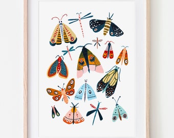 May include: A colorful print featuring a variety of butterflies and dragonflies in shades of blue, green, orange, yellow, red, and pink. The butterflies and dragonflies are arranged in a random pattern on a white background.