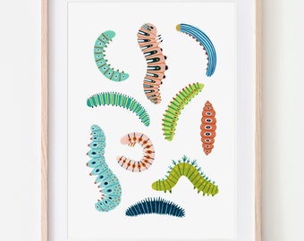 Impresión de oruga, impresión de insectos, arte de pared para guardería, impresión de insectos, decoración de habitación infantil, guardería de animales, arte de insectos, guardería de bosque, regalo para ella