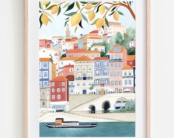 Könnte beinhalten: Ein Aquarellbild einer Stadtlandschaft mit bunten Gebäuden, einer Brücke und einem Boot auf einem Fluss. Die Gebäude haben Ziegeldächer und blaue und weiße Fliesen. Im Vordergrund sind Bäume und Zitronen zu sehen.