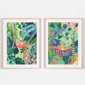 ジャングルの生き物 2 体セット / ナマケモノとヒョウ / ナマケモノのプリント / 子供部屋の装飾 / 植物のイラスト / サファリ / 植物のプリント / 子供部屋の壁アート