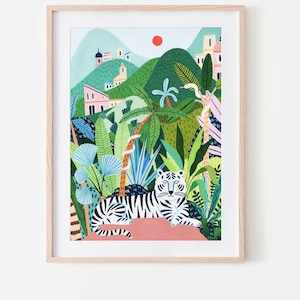 May include: A white tiger with black stripes lies on a pink rock in a lush green jungle setting. The jungle is filled with palm trees, ferns, and other tropical plants. In the background, there are buildings and a red sun.