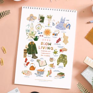 Kalender, Slow Living-kalender 2026, maandkalender, wandkalender, geïllustreerde 12-maandenkalender, cadeau voor haar, wanddecoratie, Cottage Core