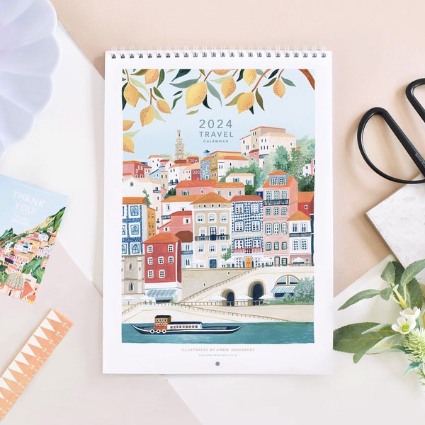 Kalender, Reisekalender 2024, Monatskalender, Reisewandkalender, illustrierter 12-Monatskalender, Reisegeschenk, Wanddekoration