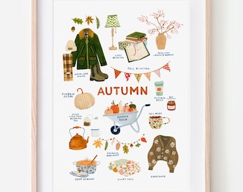 Pode incluir: Uma impressão artística emoldurada com um tema de outono. A impressão apresenta ilustrações de itens de outono como um casaco verde, abóboras, um carrinho de mão, um suéter e a palavra "AUTUMN". A paleta de cores inclui verdes, laranjas e castanhos.