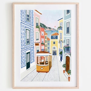 Affiche de Lisbonne, impression d'art, cuisine murale, galerie d'art murale, carreaux portugais, affiche de voyage peinte à la main, appartement coloré, décoration d'intérieur