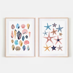 Shells and Starfish Set of 2 Art Prints, Under the Sea, Nursery Wall Art, Whale Print, Nautical Decor, Sea Life Print, Nursery Decor