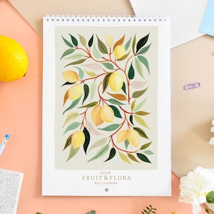 2026 Frukt- och florakalender, botanisk kalender, månadskalender, illustrerad 12-månaderskalender, present till henne, väggdekor, väggkalender