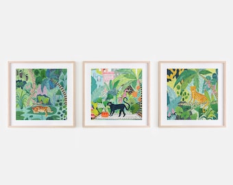 Set of 3 Jungle Cat Prints / Panther /Leopard/Tiger/Botanical Print/ Safari/Animal Prints/Botanical Illustration/Home Decor/Nursery Wall Art