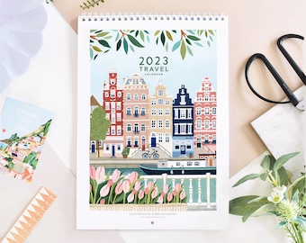 Calendar, 2023 Travel Calendar, Monthly Calendar, Travel wall Calendar, Illustrated 12 Month Calendar, Travel Gift, Wall Decor