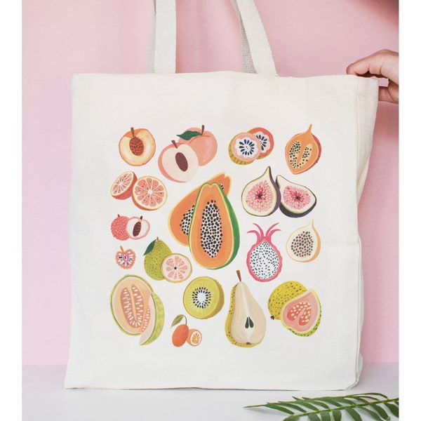 Fruit Tote Bag, Large Cotton Canvas Bag, Beach Bag, Grocery Bag, Shoulder Bag, Shopping Bag, Eco Reusable Bag,