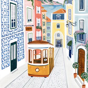 May include: Illustration of a yellow tram traveling down a cobblestone street lined with colorful buildings. The buildings have windows, balconies, and decorative tiles. A sign that says "Restaurante" hangs on the side of a building.