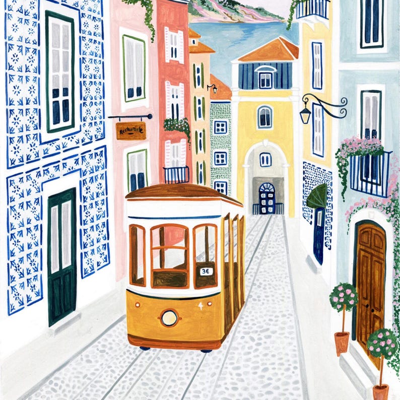 May include: Illustration of a yellow tram traveling down a cobblestone street lined with colorful buildings. The buildings have windows, balconies, and decorative tiles. A sign that says "Restaurante" hangs on the side of a building.