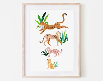 Cheetah Print, Big Cats, Jungle Kids Art, Safari, Nursery Wall Art, Children's Decor, Botanical Illustration, Tropical, Cat Lover, Leopard