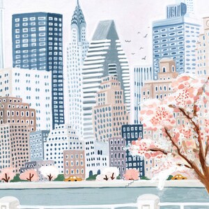 May include: A watercolor painting of a city skyline with tall buildings in shades of blue and brown. A large tree with pink blossoms is in the foreground.
