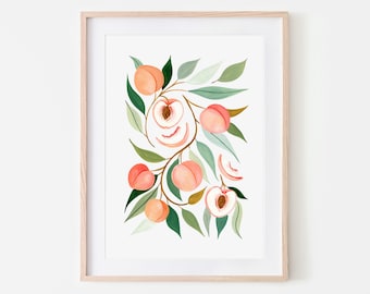 Peach Blooms Art Print, Botanical Print, Kitchen Decor, Wall Art, Kitchen Art Print, Peach Poster, Modern Farmhouse, Home Decor, Fruit Print