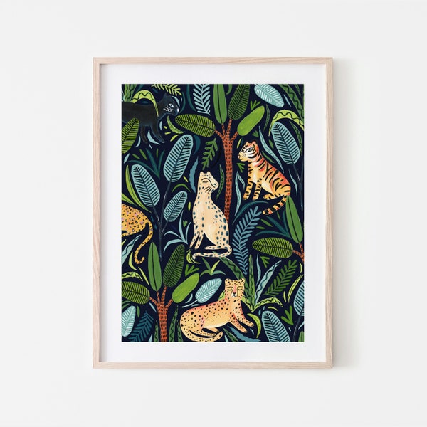 Jungle Cats / Botanical Print / Jungle / Safari / Nursery Wall Art/Botanical Illustration/Jungle Print/Tropical Art/Cheetah/Panther/Leopard