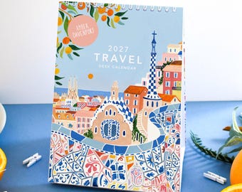 Calendário de mesa, calendário de viagens 2027, calendário mensal, calendário de parede de viagens, calendário ilustrado de 12 meses, presente de viagem, decoração de parede