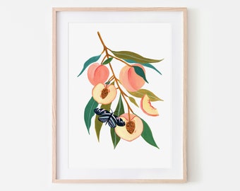 Peach Print, Kitchen Decor, Fruit Illustration, Botanical Print, Home Decor, Food poster, Kitchen Wall Art, Nature Print, Housewarming gift