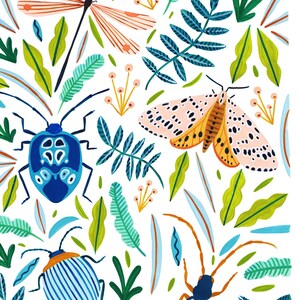 May include: A white background with a repeating pattern of blue, green, yellow, orange, and pink insects and leaves. The insects include a dragonfly, a moth, a beetle, and a spider.