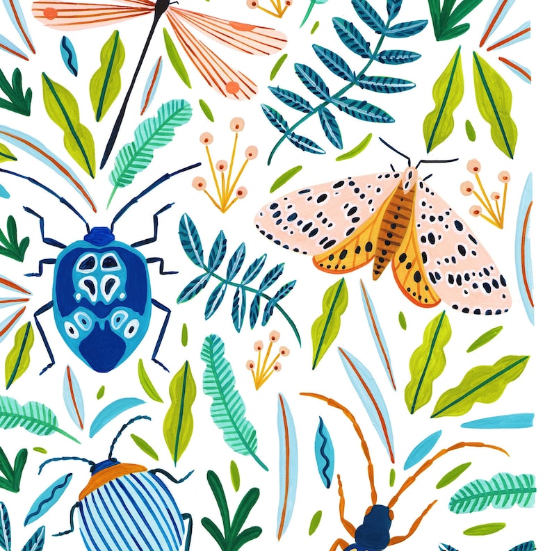 May include: A white background with a repeating pattern of blue, green, yellow, orange, and pink insects and leaves. The insects include a dragonfly, a moth, a beetle, and a spider.