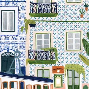 May include: A colorful illustration of a building with blue and white tile patterns. The building has multiple windows and balconies with green plants. The text "Restaurante" is on a sign above a door.