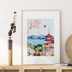 May include: A colorful illustration of Mount Fuji, a red pagoda, and cherry blossoms. The scene is set against a blue sky with a red sun.