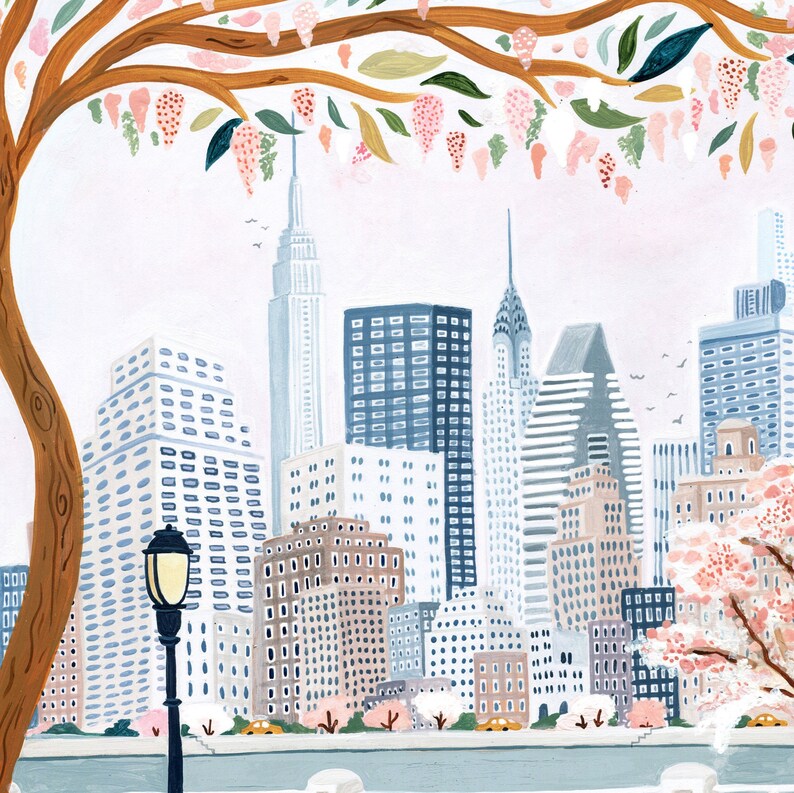 May include: A watercolor painting of a cityscape with a tree in the foreground. The tree has pink blossoms and the city buildings are in shades of blue and gray. The city skyline is visible in the background.