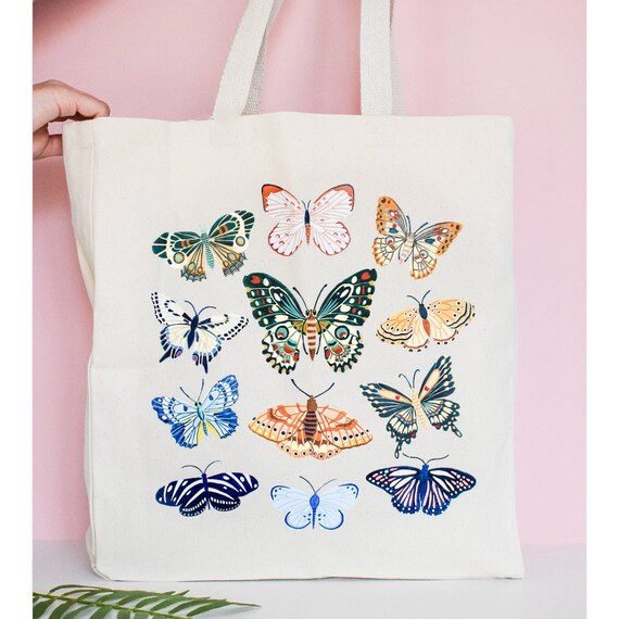 Linen Origami Bag. cotton Butterflies And Flowers, Tote Bag