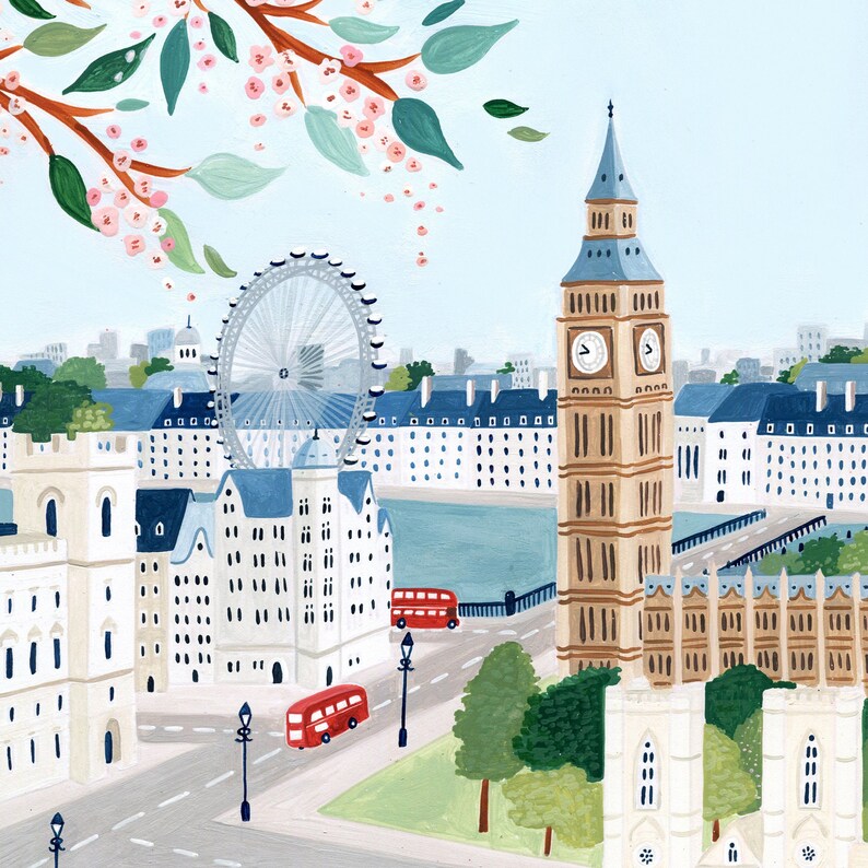 May include: A colorful illustration of London landmarks, including Big Ben, the London Eye, and a red double-decker bus. The illustration is painted in a whimsical style with a blue sky and pink flowers.