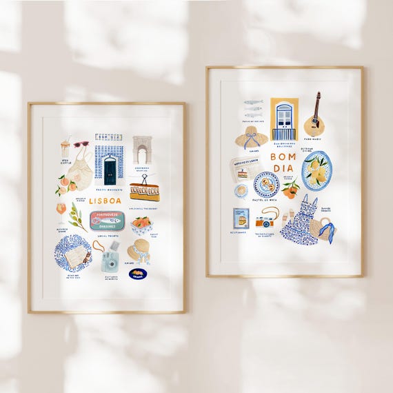 Lisbon Travel Wall Art Set Kitchen Wall Art Lisbon poster set of 2 Sardines Portuguese Tile Apartment Prints Maximalist Gallery Wall Pair