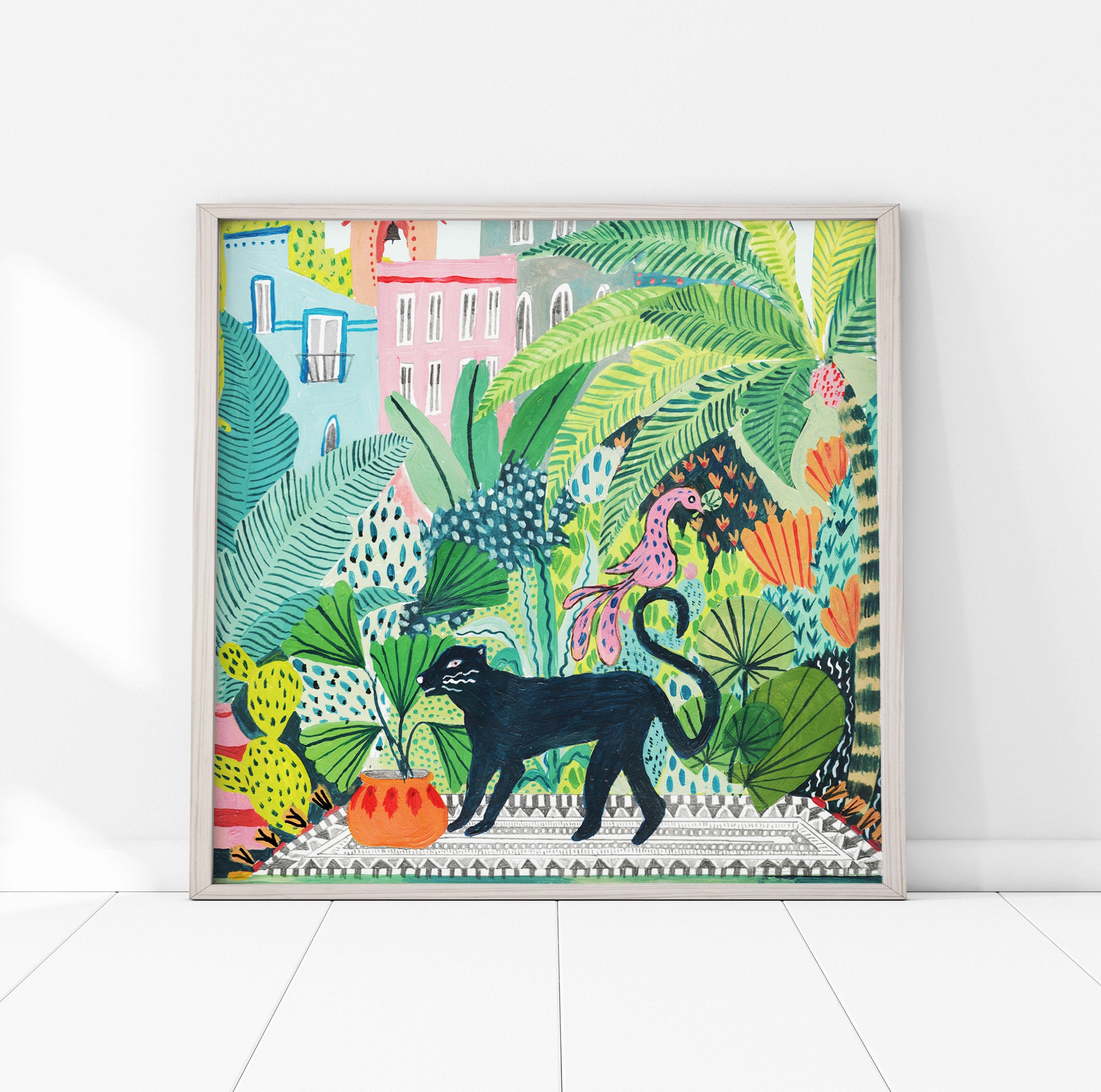 Art & Collectibles Digital Prints Black Panther Wall Art Leopard Flowers Boho Rainforest