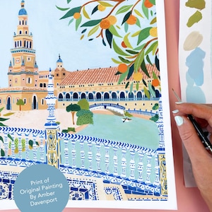 Seville Travel Poster Spain Art Print Kitchen Wall Art Bathroom Blue and White Colorful Gallery Wall Quirky Wall Decor Housewarming New Home image 3