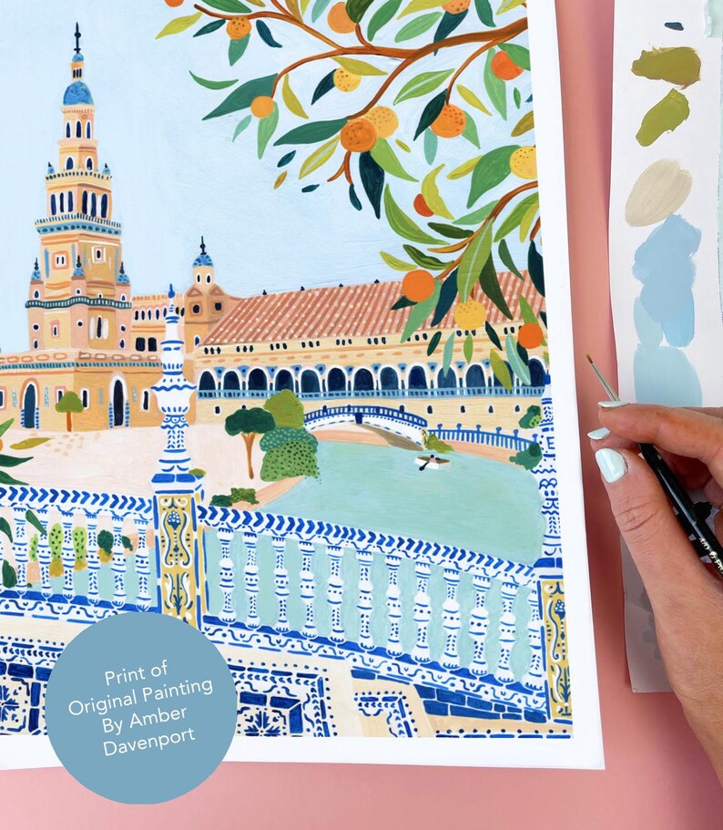 Seville Travel Poster Spain Art Print Kitchen Wall Art Bathroom Blue and White Colorful Gallery Wall Quirky Wall Decor Housewarming New Home image 3