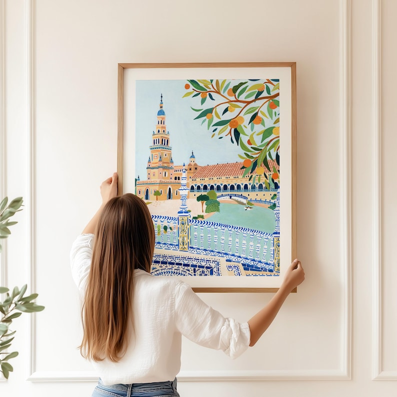 Seville Travel Poster Spain Art Print Kitchen Wall Art Bathroom Blue and White Colorful Gallery Wall Quirky Wall Decor Housewarming New Home image 2