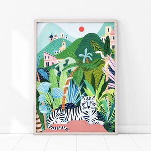 May include: A white tiger with black stripes lies on a pink rock in a lush green jungle. The jungle is filled with palm trees, ferns, and other tropical plants. There are pink and white buildings in the background, and a red sun is visible in the sky.