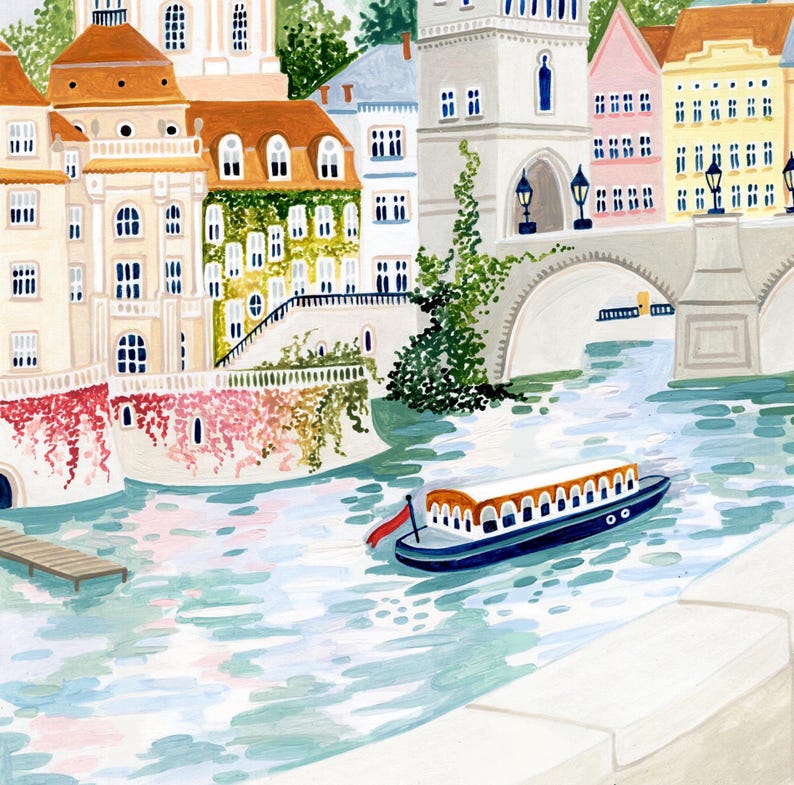 May include: A watercolor painting of a European city scene with a river, bridges, and buildings. A small boat with a white roof is on the river. The buildings are painted in shades of white, yellow, pink, and brown. The river is painted in shades of blue and green.