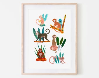 Monkeys of Malaysia Print / botanischer Druck / Dschungel / Tropisch / botanische Illustration/Tropische Kunst/Kinderzimmer Dekor/Kinderzimmer Wandkunst/Safari