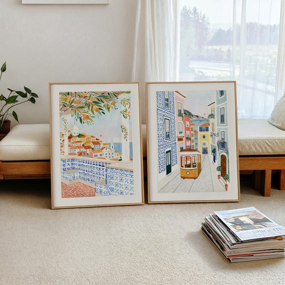 Lisbon Travel Wall Art Set Kitchen Wall Art Lisbon poster set of 2 Portuguese Tile Apartment Prints Maximalist Gallery Wall Pair