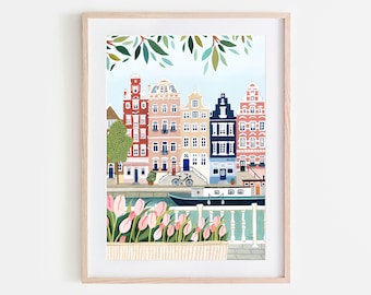 Impression d’art d’Amsterdam, impression des Pays-Bas, Holland Wall Art, cadeau d’Amsterdam, tulipes, impression de voyage, affiche de voyage, cadeau de voyage, cadeau de pendaison de crémaillère