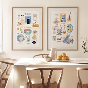 May include: Two framed art prints with illustrations of Lisbon and Portuguese culture. The Lisbon print includes a blue door, oranges, and the word "LISBOA." The other print says "BOM DIA" and features a guitar and a blue and white dress.