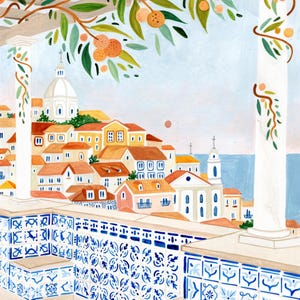 May include: An artistic illustration of a coastal town with orange rooftops and white buildings. The scene is viewed from a balcony with blue and white tilework. Orange fruit hangs from a tree branch in the foreground.