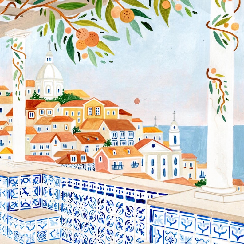 May include: An artistic illustration of a coastal town with orange rooftops and white buildings. The scene is viewed from a balcony with blue and white tilework. Orange fruit hangs from a tree branch in the foreground.