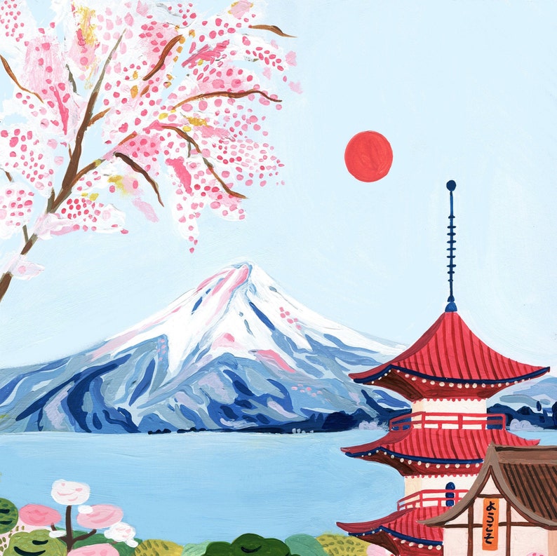 May include: A painting of a red pagoda with a white roof, set against a backdrop of a snow-capped mountain and a cherry blossom tree. The mountain is reflected in the blue water below. The sun is a red circle in the sky.