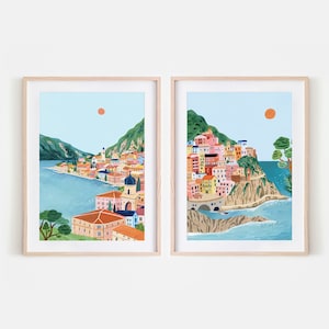 Italy Travel Posters Set of Two, Cinque Terre, Lake Garda, Italy poster, Art Print Set, Travel Gift, Housewarming Gift, Italian Lakes