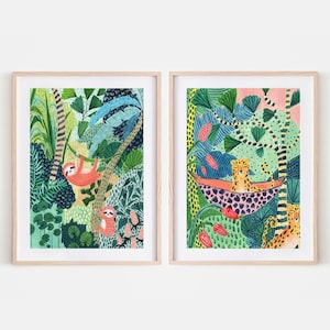 Jungle Creatures Set of Two / Sloth & Leopard / Sloth Print / Nursery Decor/Botanical Illustration / Safari/Botanical Print/Nursery Wall Art