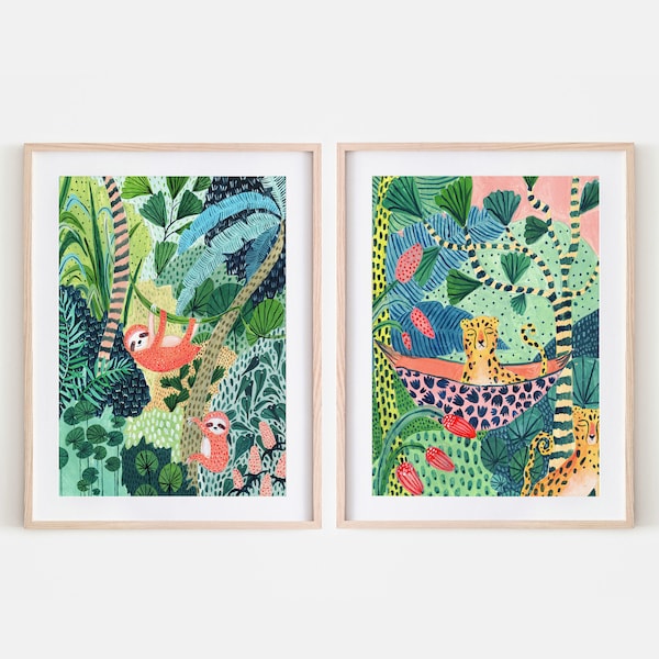 Jungle Creatures Set of Two / Sloth & Leopard / Sloth Print / Nursery Decor/Botanical Illustration / Safari/Botanical Print/Nursery Wall Art