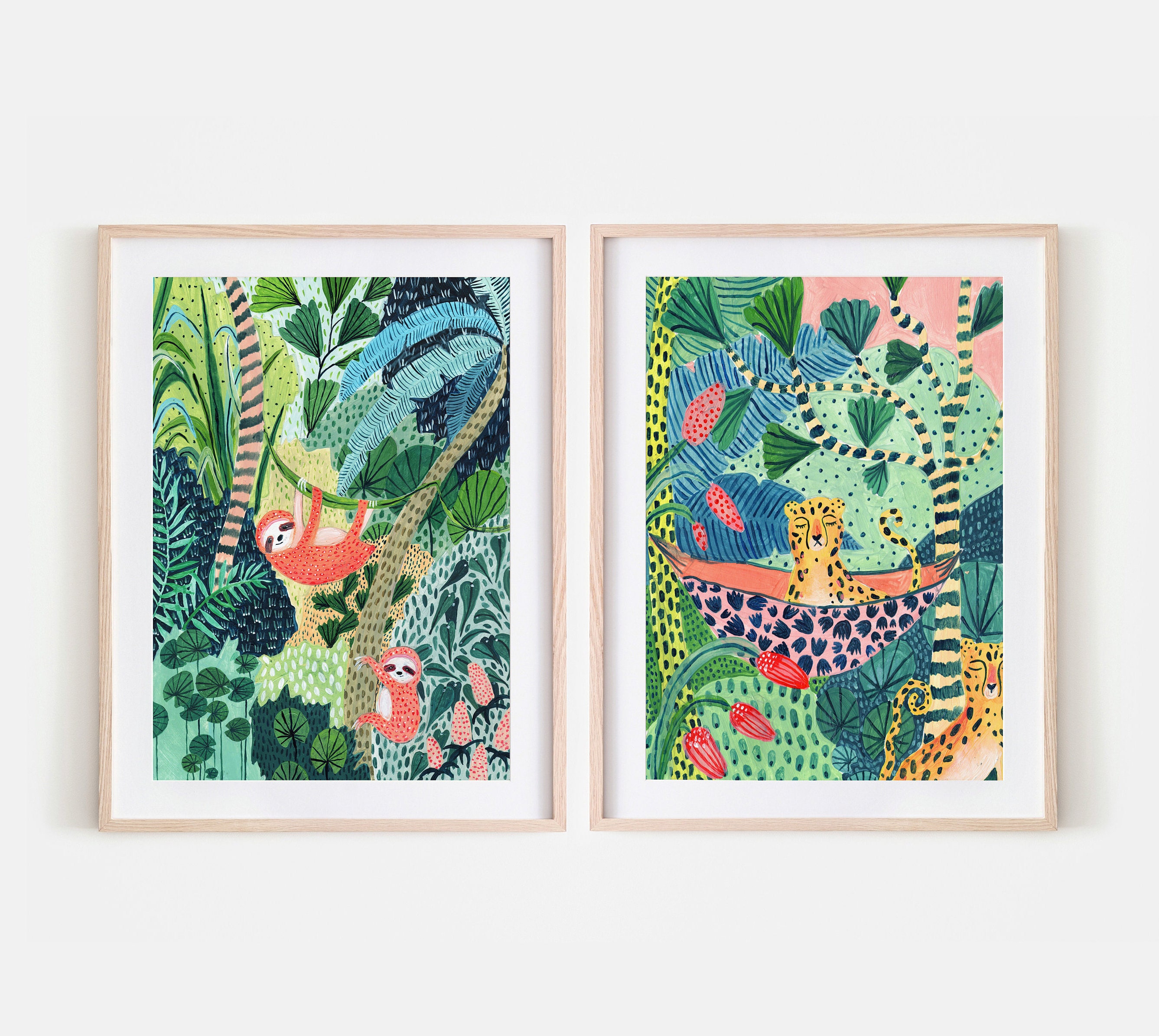 Jungle Creatures Set of Two / Sloth & Leopard / Sloth Print / Nursery…