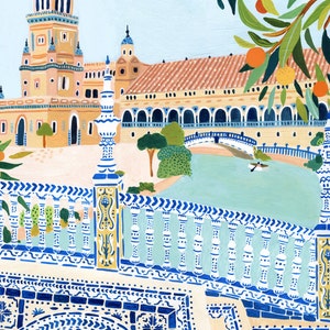 May include: A painting of a bridge over a canal in front of a building with a tiled roof. The bridge is decorated with blue and white tiles. There are trees and a boat in the canal.