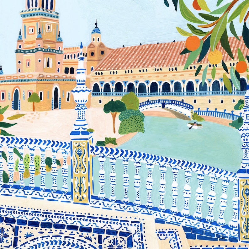 May include: A painting of a bridge over a canal in front of a building with a tiled roof. The bridge is decorated with blue and white tiles. There are trees and a boat in the canal.