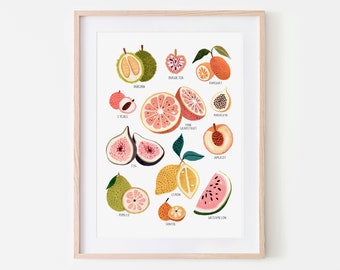 Impression de collection de fruits, décor de cuisine, illustration de fruits, impression botanique, décoration d'intérieur, affiche de nourriture, art de mur de cuisine, impression de nature